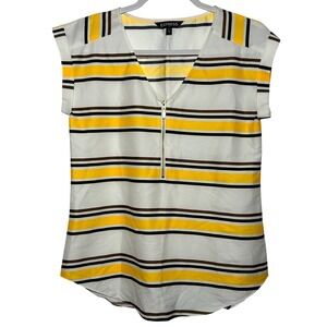 EXPRESS Women Striped V‎ Neck Zip Front Cap Sleeve Top XS